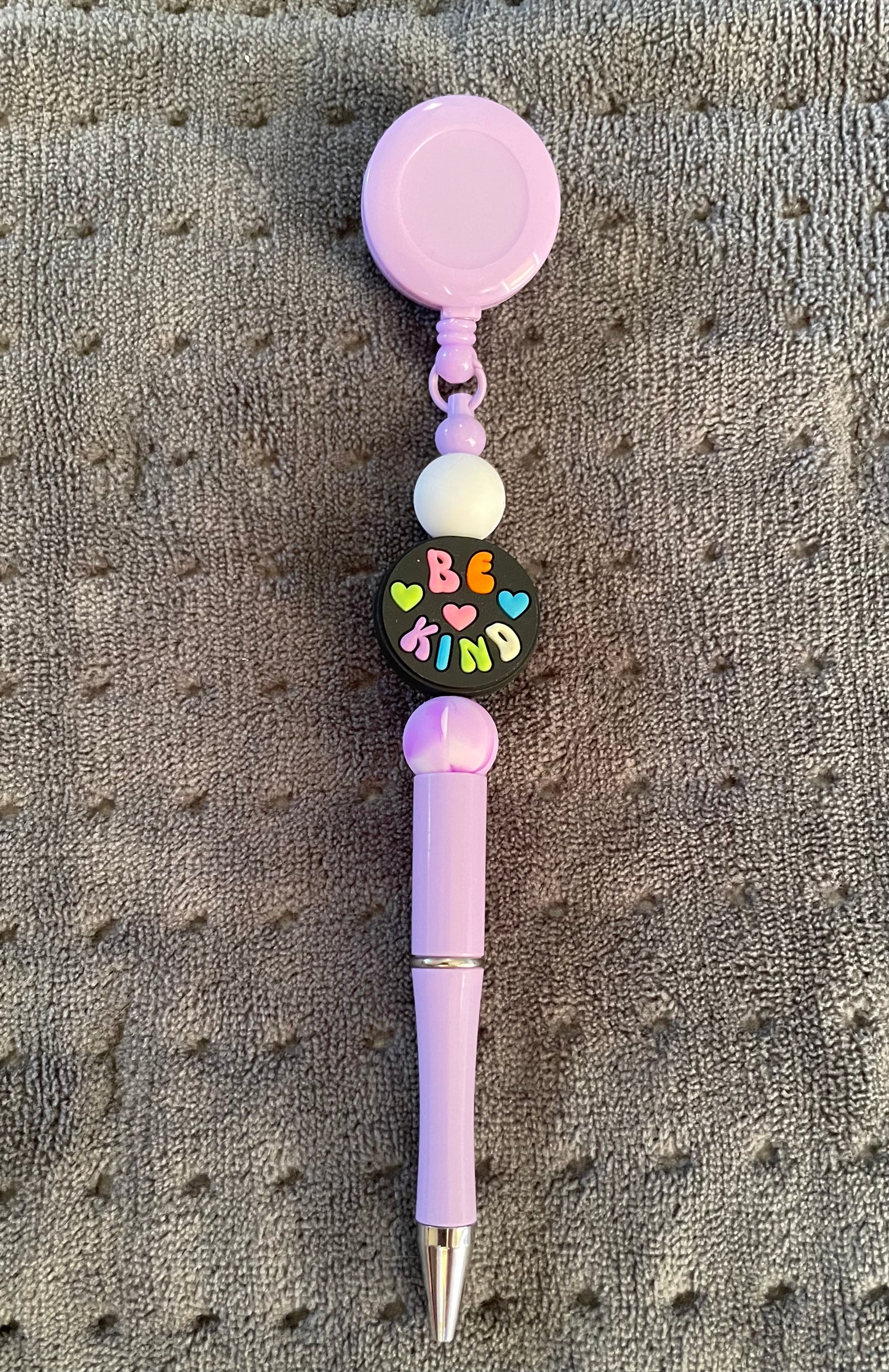 Beaded Badge Reel with Attached Pen: Be Kind