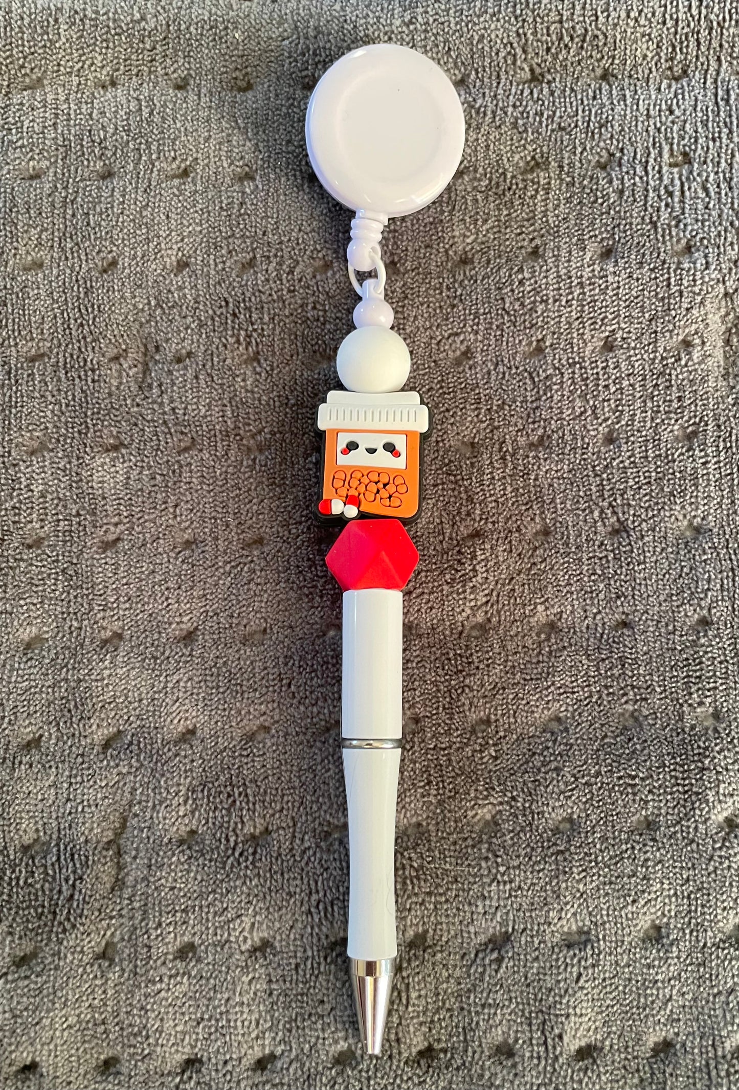 Beaded Badge Reel with Attached Pen: Medicine Bottle