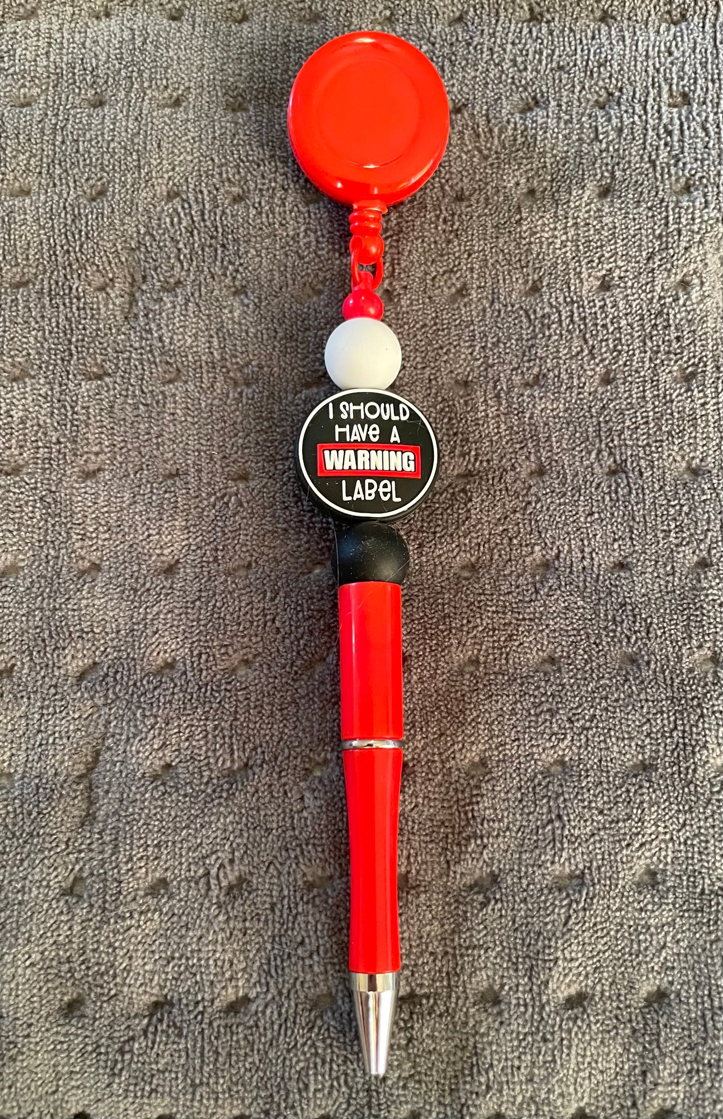 Beaded Badge Reel with Attached Pen: I Should Have a Warning Label