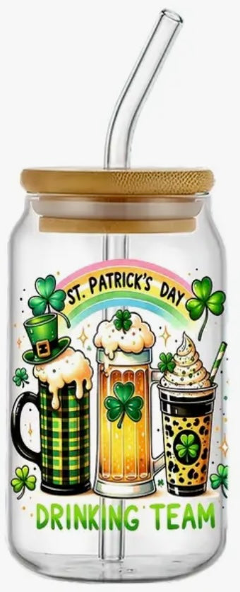 Glass Can With Lid/Straw: St. Patrick’s Day (Variety)