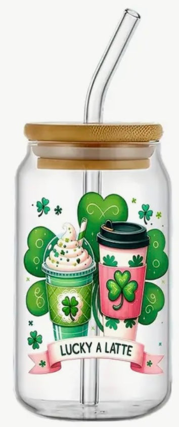 Glass Can With Lid/Straw: St. Patrick’s Day (Variety)