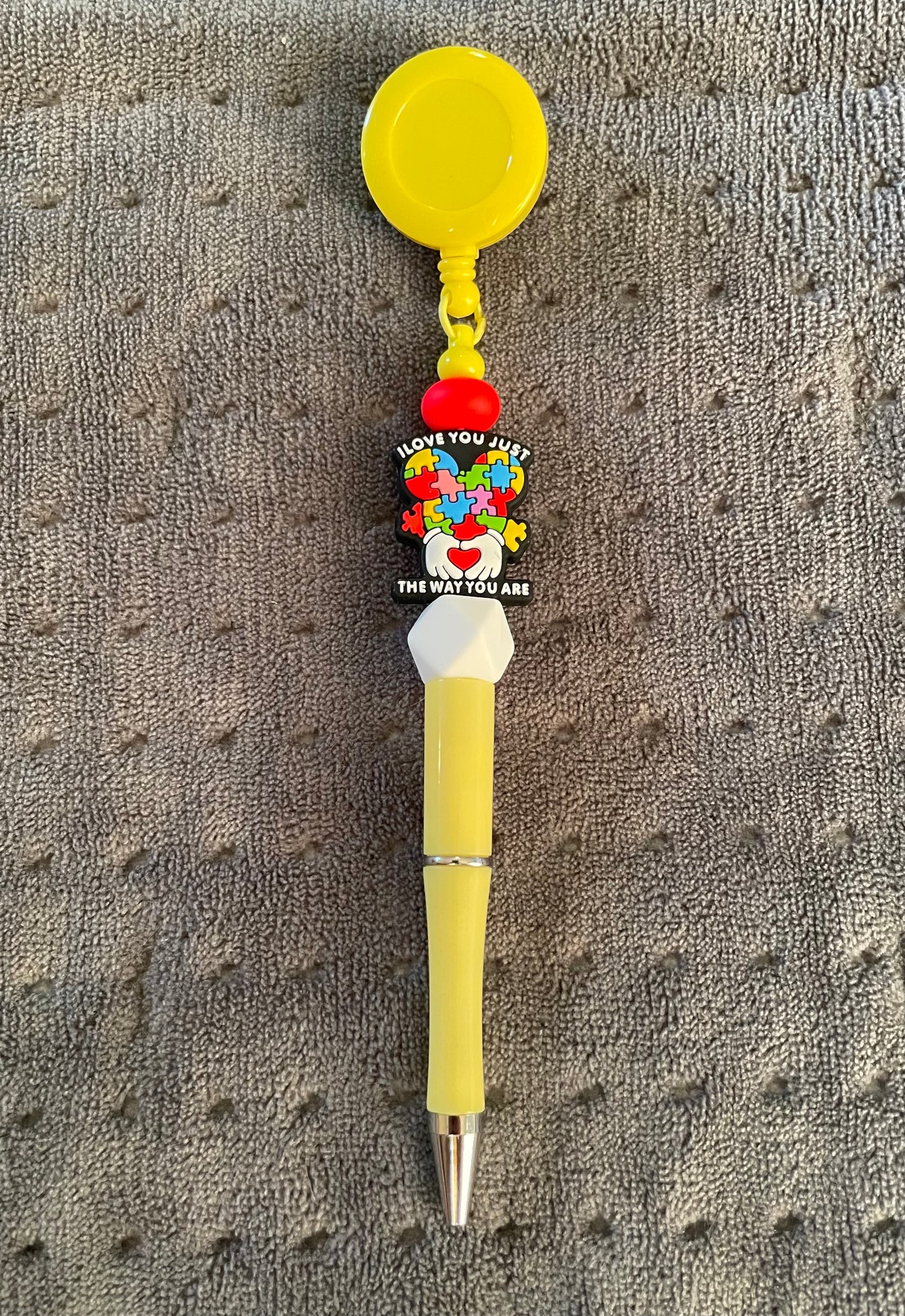 Beaded Badge Reel with Attached Pen: I Love You Just the Way You Are