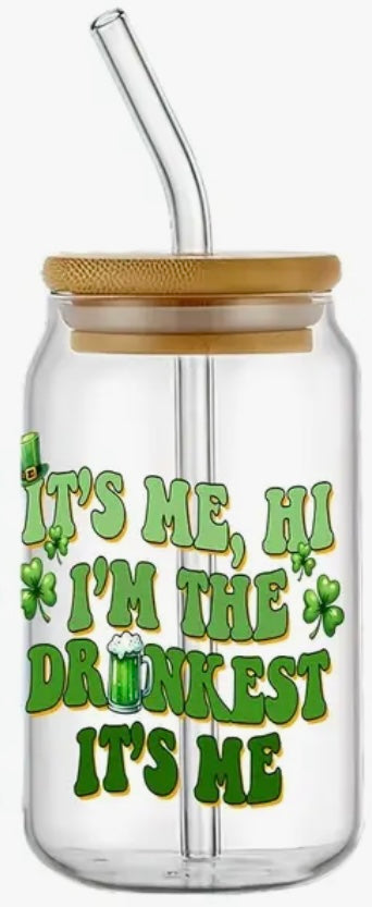 Glass Can With Lid/Straw: St. Patrick’s Day (Variety)