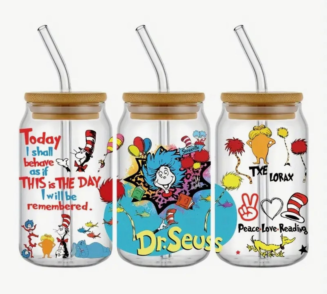 Glass Can With Lid/Straw: Dr. Seuss (Variety)