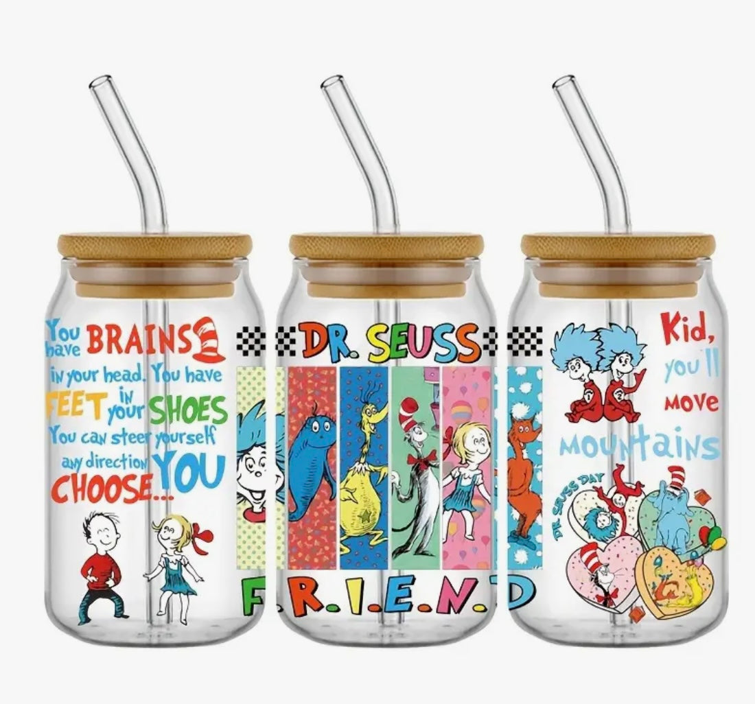 Glass Can With Lid/Straw: Dr. Seuss (Variety)