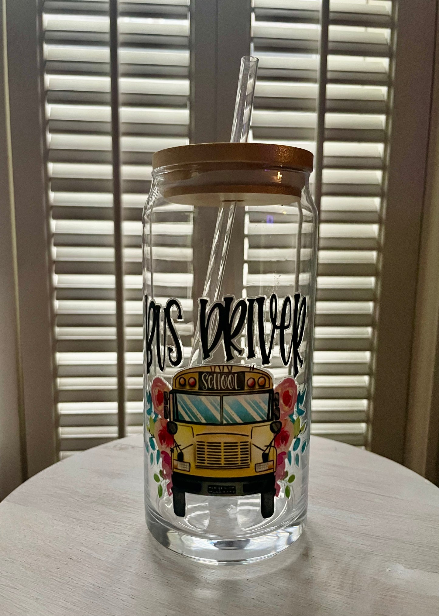 Glass Can with Lid/Straw: Bus Driver (Variety)