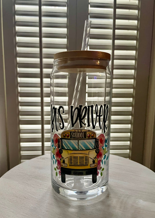 Glass Can with Lid/Straw: Bus Driver (Variety)