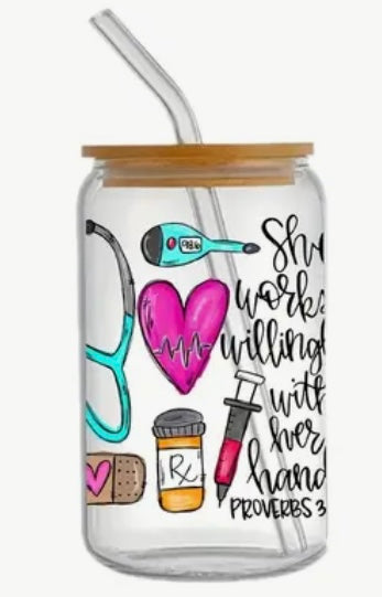 Glass Can With Lid/Straw: Nurse (Variety)