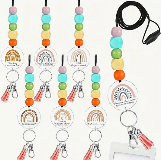 Lanyard: Multi-Colored Beads with Rainbow Printed Disc