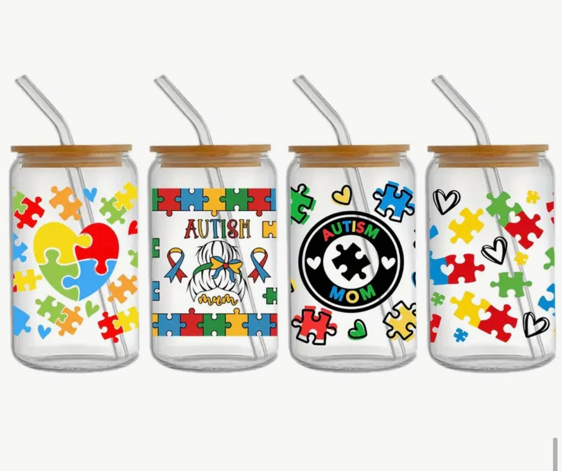 Glass Can With Lid/Straw: Autism (Variety)