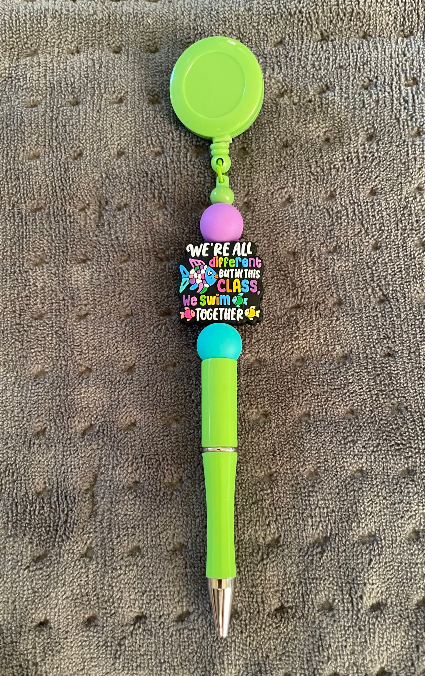Beaded Badge Reel with Attached Pen: We Are All Different… Swim Together
