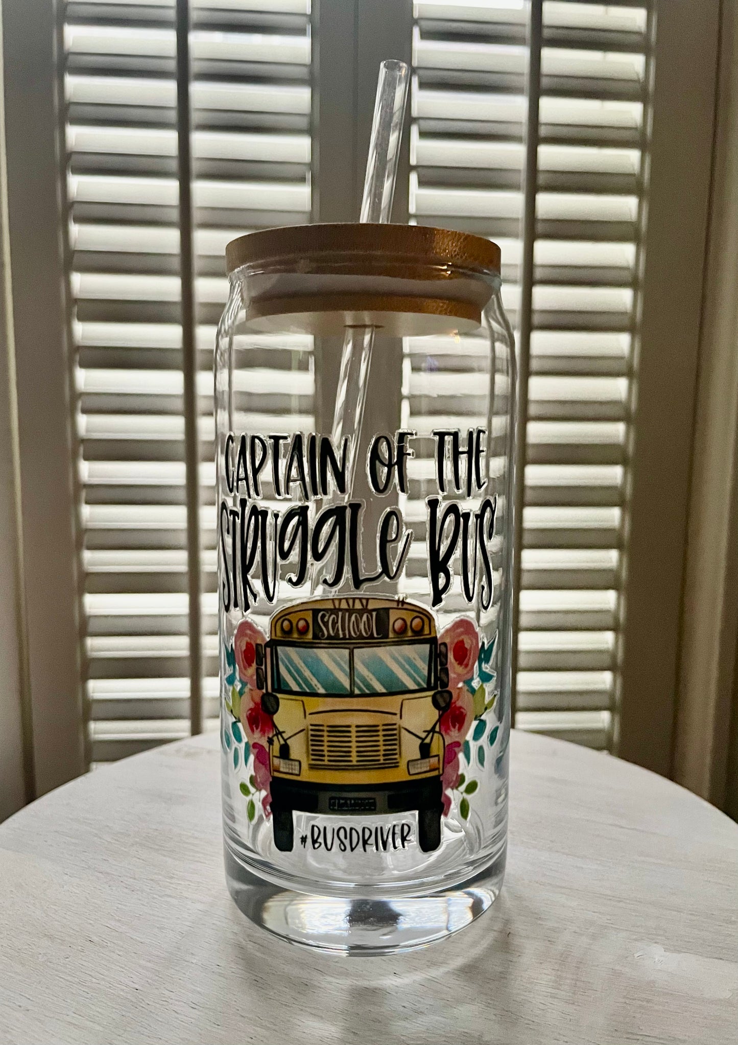 Glass Can with Lid/Straw: Bus Driver (Variety)
