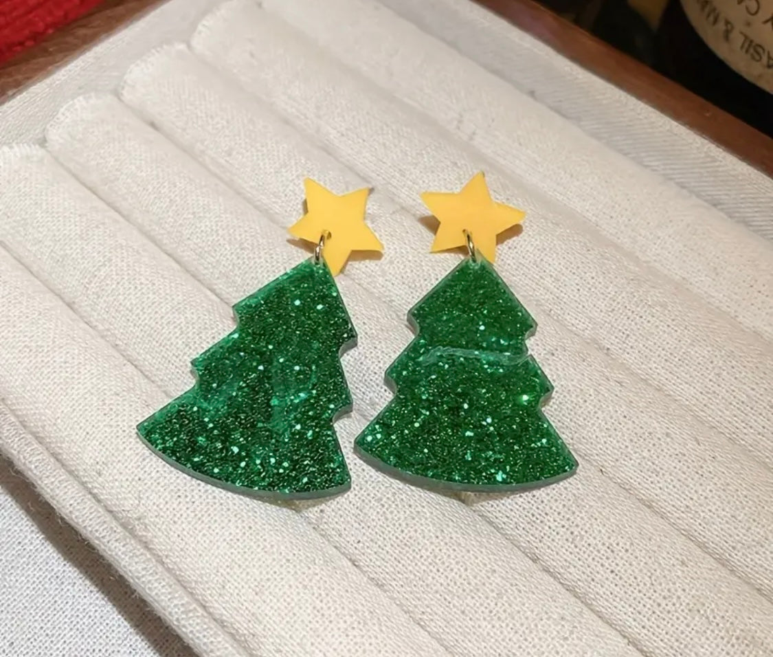 Earrings: Green Tree with Yellow Star