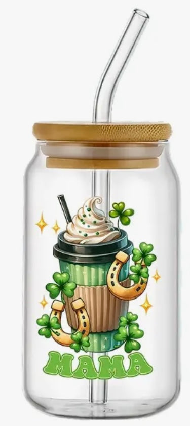 Glass Can With Lid/Straw: St. Patrick’s Day (Variety)