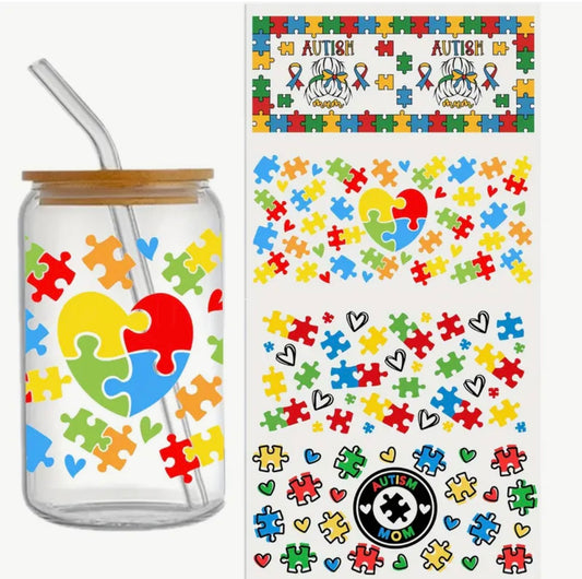 Glass Can With Lid/Straw: Autism (Variety)