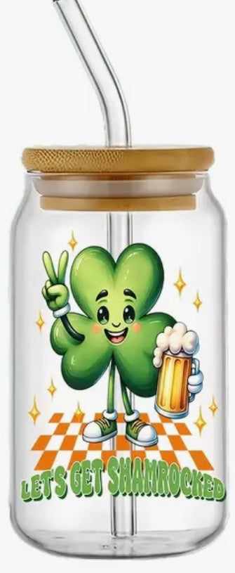 Glass Can With Lid/Straw: St. Patrick’s Day (Variety)