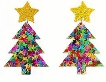 Earrings: Multi-Colored Tree with Yellow Star