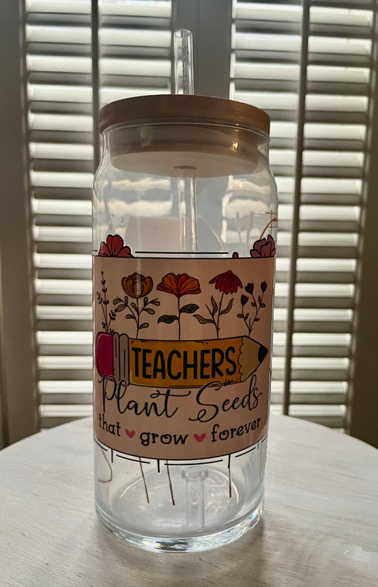 Glass Can with Lid/Straw: Teacher (Variety)