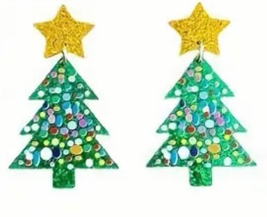 Earrings: Green Tree with Yellow Star/Multiple Ornament Colors