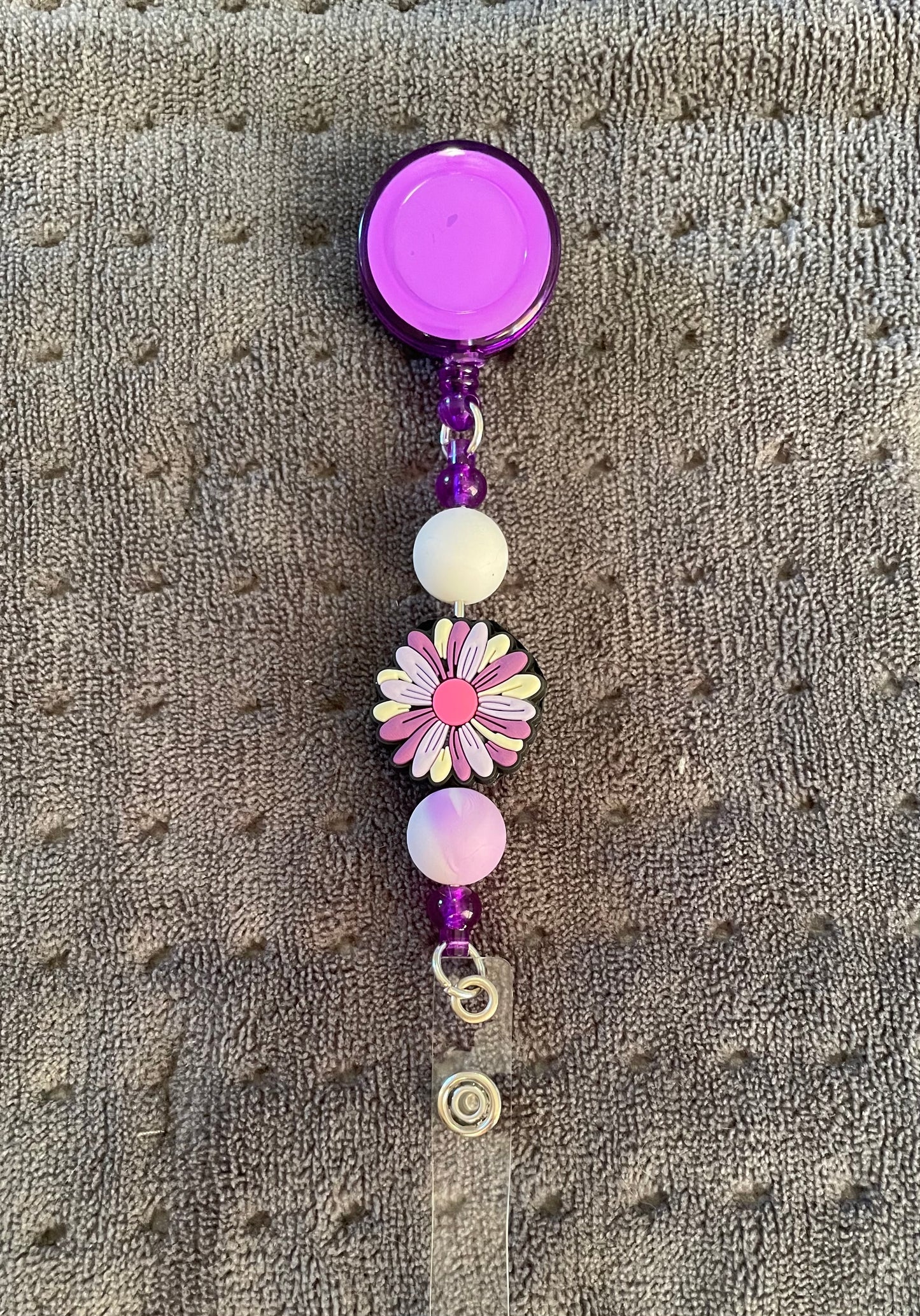 Beaded Badge Reel: Purple Flower