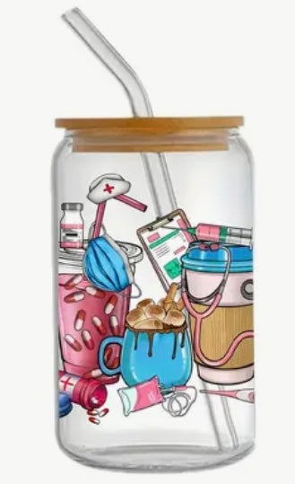 Glass Can With Lid/Straw: Nurse (Variety)