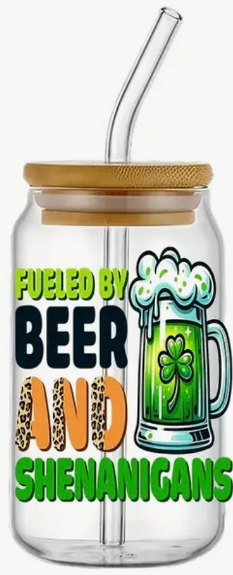 Glass Can With Lid/Straw: St. Patrick’s Day (Variety)