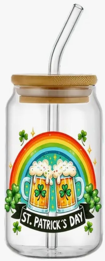 Glass Can With Lid/Straw: St. Patrick’s Day (Variety)