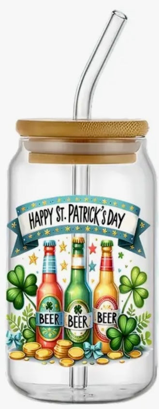 Glass Can With Lid/Straw: St. Patrick’s Day (Variety)