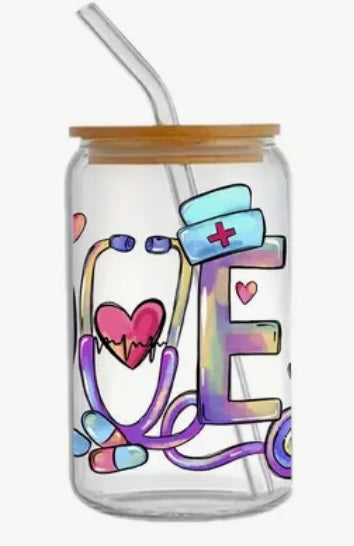 Glass Can With Lid/Straw: Nurse (Variety)